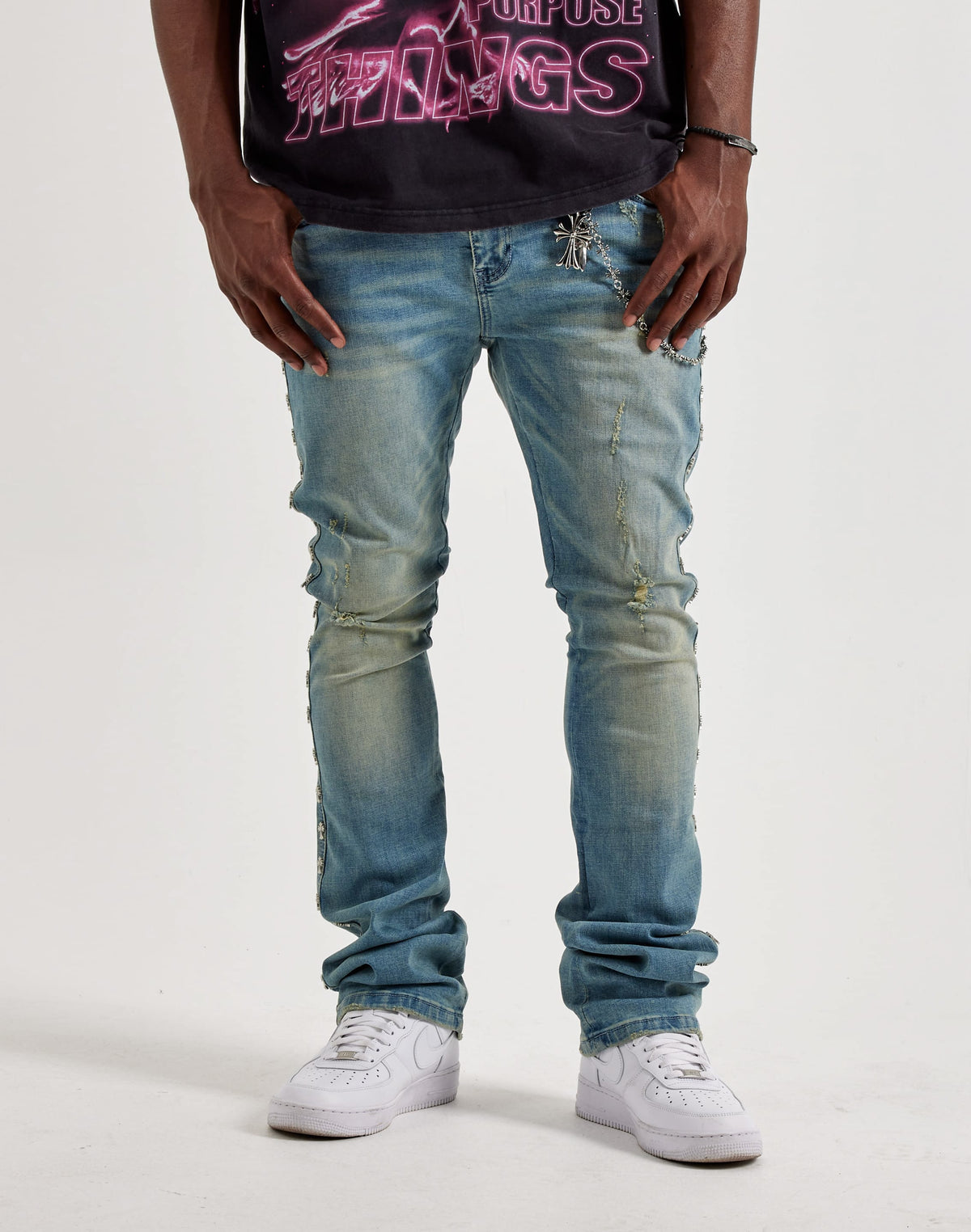 Kilogram Silver Cross Chain Distressed Jeans