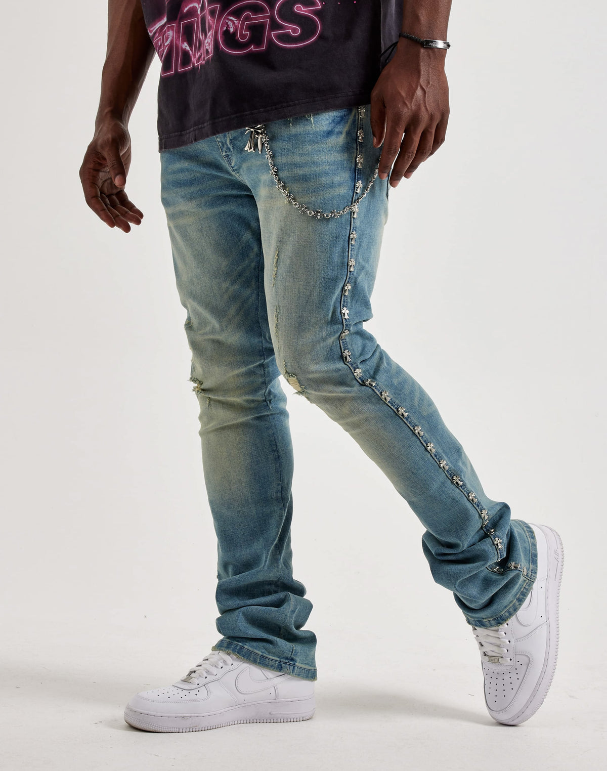 Kilogram Silver Cross Chain Distressed Jeans